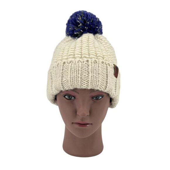 North Face Tufted Beanie Chunky Knit Cap One Size Fitted Pom Pom Oatmeal Purple - Picture 2 of 6